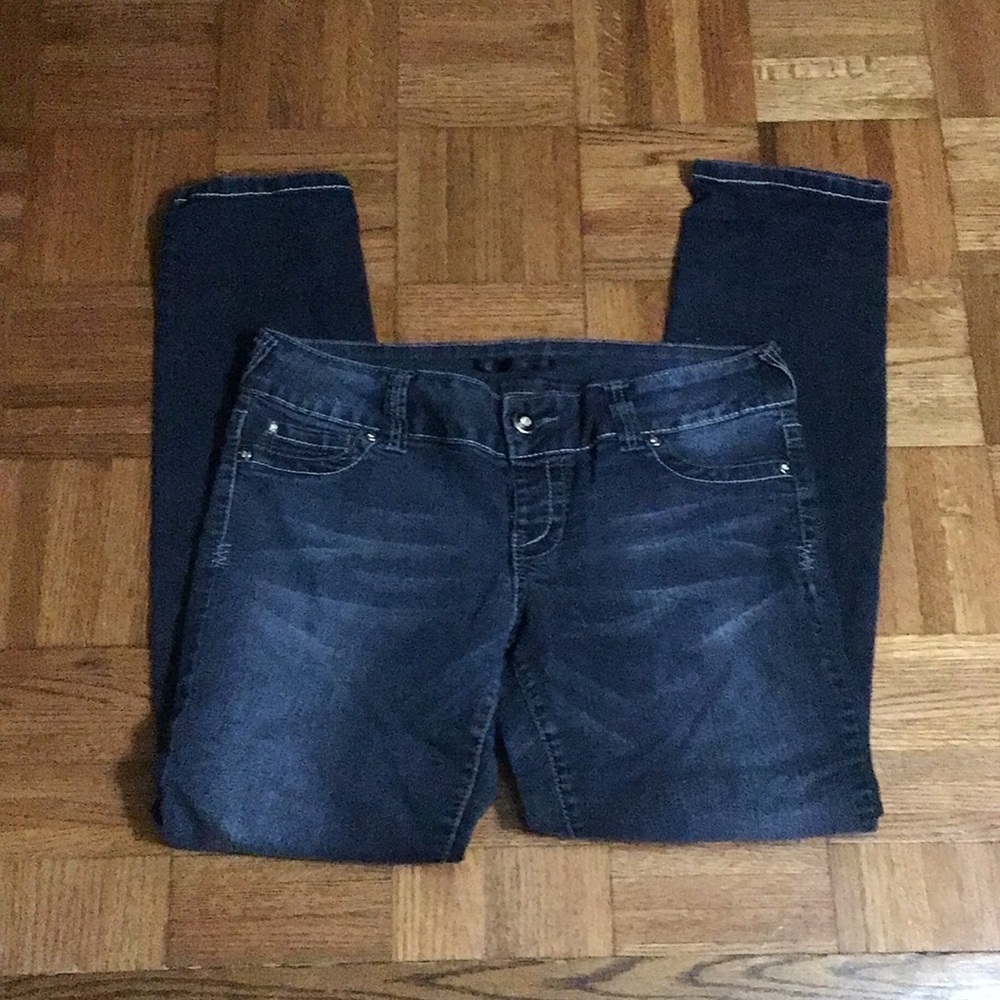 Maurices Low Rise Metallic Bling Studded Denim‎ Dark Wash Blue Jeans Large